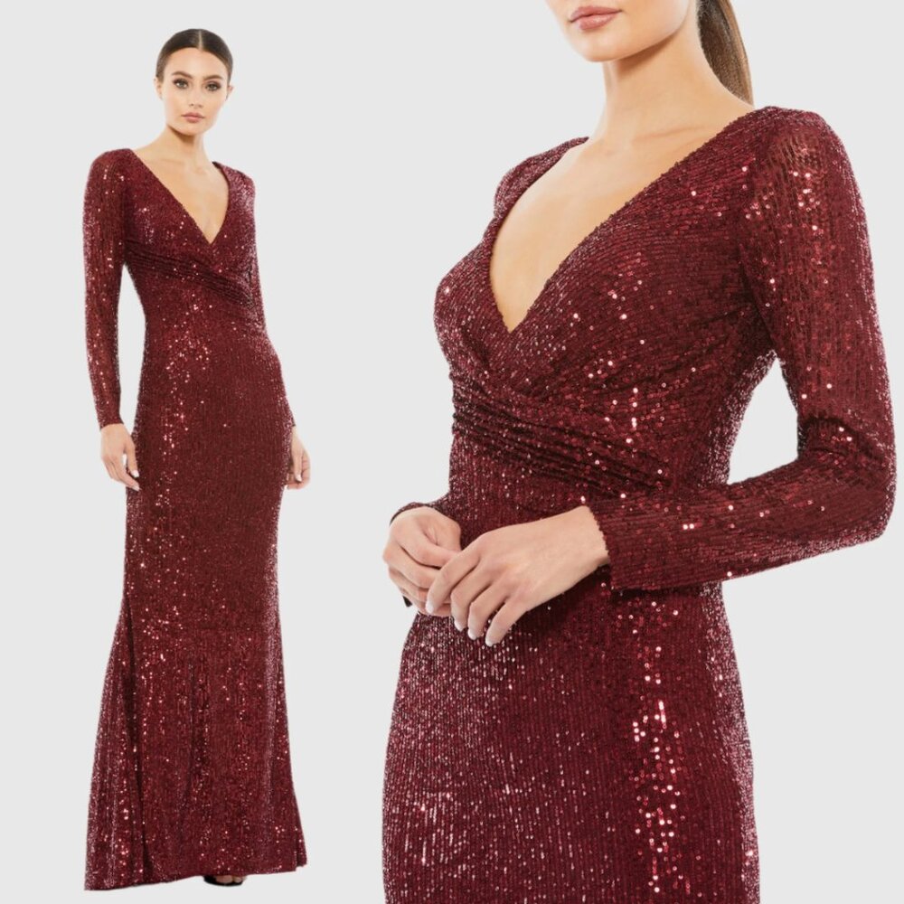 Mac Duggal 26574 Size 8 Red Ruby Garnet Sequin V-Neck Long Sleeve Column Gown